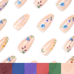 24pcs almond press-on nails with colorful floral patterns and nude pink base color