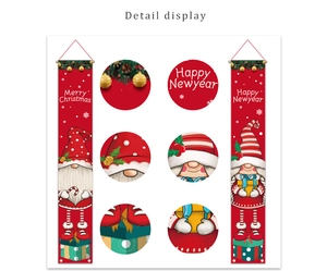 Detail display of red Christmas gnome door banners with Merry Christmas and Happy New Year text