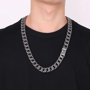 Collier gourmette tête de mort vintage en acier inoxydable argenté pour homme