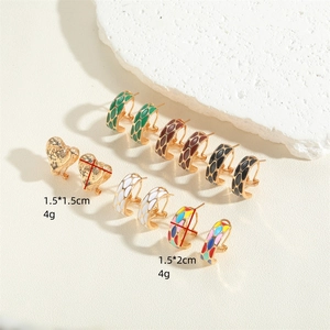 French vintage 14K gold plated heart and enamel C-shaped hoop earrings set for women