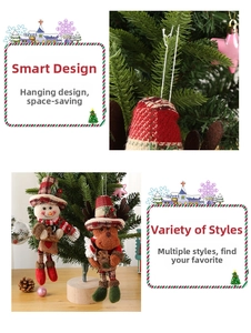 Detail of Christmas tree ornaments featuring snowmen and elk with white hanging ropes