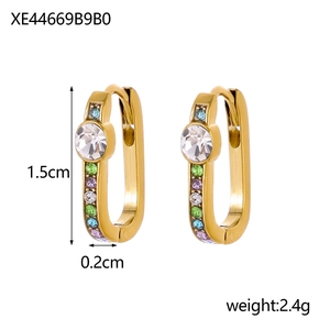 Detail of gold U-shaped earrings with colorful zircons, size 1.5cm by 0.2cm wide