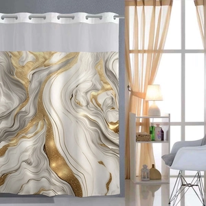 Detail of waterproof marble shower curtain with metallic grommets and gold texture
