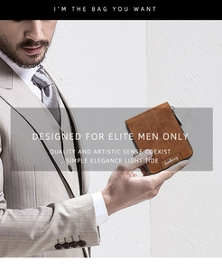 Men's brown leather wallet with RFID protection held by a businessman in a suit