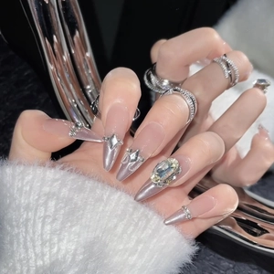Luxurious moonstone chrome press-on nails with 3D crystals and chain accents for women