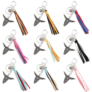 Western style bull head keychains with colorful tassels and turquoise beads set of nine