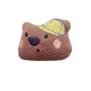 Cute brown plush bear doll head with small blue hat for DIY accessories and brooches