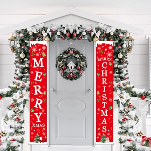 Red Merry Christmas door banners with Santa Claus and snowflake patterns for home decor