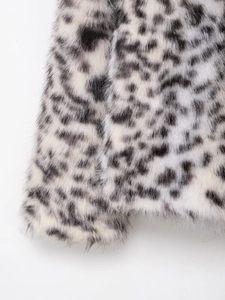 Macro view of leopard print faux fur jacket showing thick plush texture and black white pattern