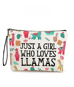 Detail of canvas pouch featuring colorful llamas cacti and Just a Girl Who Loves Llamas print