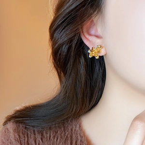 Gros plan de boucles d'oreilles cheval plaquées or 18 carats avec cristaux sur mannequin