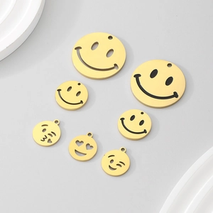 Golden stainless steel emoji smile face pendants in various sizes for DIY jewelry making
