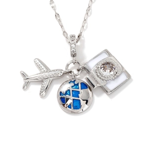 Travel themed silver necklace with airplane, blue globe and camera charms on water wave chain