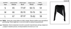 Size chart detail for irregular hem long sleeve slim fit casual tee with measurements