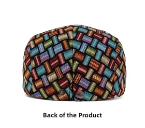Detailed back view of a plaid newsboy cap showing metallic buckle and colorful jacquard texture