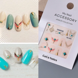 Retro Court Style Nail Art Stickers Embossed Turquoise Beads Geometric Rhombus Metal Texture Vintage Manicure Decals