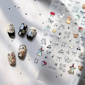 Holographic Laser Nail Art Stickers Cute Hand Drawn Dog Bow Flower Design Self Adhesive Manicure Decals For Women