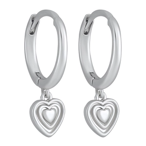 Elegant S925 silver heart hoop earrings with layered relief design on white background