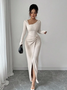 Elegant off-shoulder bodycon dress with ruching detail and side slit in cream white