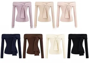 Detail view of off-shoulder long sleeve tops showing seven colors including lilac and mocha