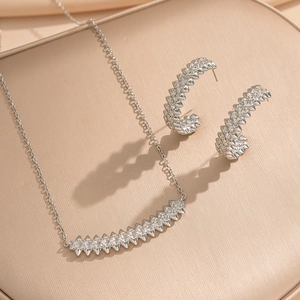 Silver double-row diamond-set spike necklace and earrings set for women