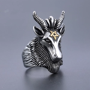 Vintage stainless steel goat head ring with golden pentagram and baphomet gothic style