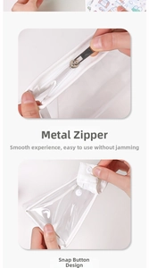 Macro detail of high-quality metal zipper and snap button on transparent makeup bag