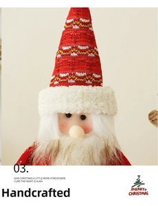 Detail of handmade knitted Christmas gnome doll featuring rich white beard texture and patterns