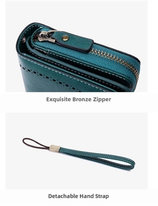 Detail of dark green women's wallet with bronze zipper and detachable wrist strap
