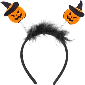Halloween pumpkin headband with wizard hats and orange feathers for party costume
