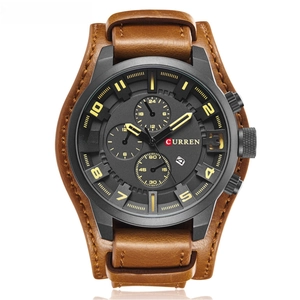 CURREN men's business watch with brown leather strap and black chronograph dial face