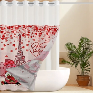 Detail view of Valentine's gnome and Eiffel Tower print on waffle fabric shower curtain