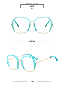 Detail view of round blue frames with gold metal temples from front and side angles