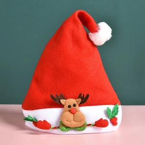 Classic red plush Christmas hat with a 3D reindeer doll and holly leaf decoration