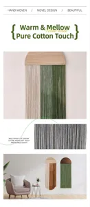 Dettaglio macro di nappe in cotone tessute a mano e decorazione murale in legno semitondo