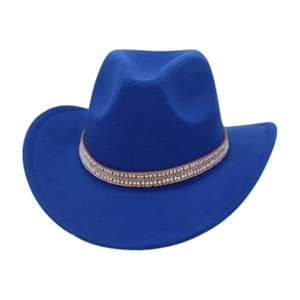 Detail of bright blue wool cowboy hat featuring a double-row pearl and rhinestone band