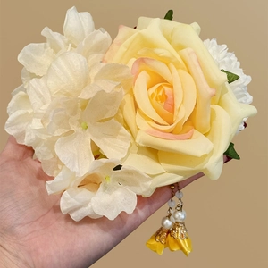 Elegant yellow fabric rose hair clip with pearl tassel and white hydrangea petals