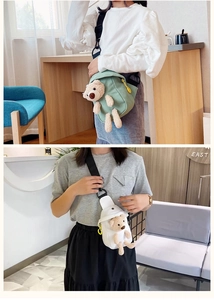 Detail of mint green and white canvas kids chest bags featuring plush 3D bear ornaments