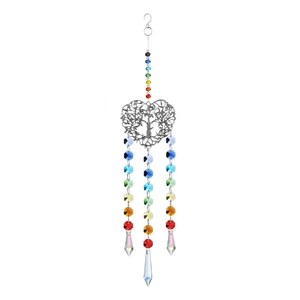 Rainbow crystal tree of life suncatcher wind chime with heart-shaped silver metal frame