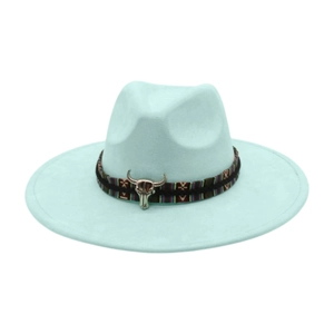 Front view of mint green fedora hat with colorful ethnic band and silver bull head