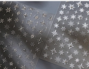 Detailed close-up of holographic silver snowflake nail stickers with 3D crystal rhinestones