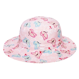 Kids breathable sun hat with pink butterfly print and adjustable chin strap