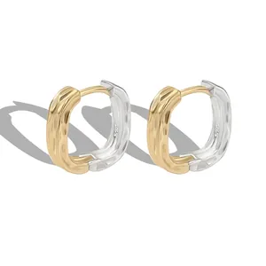 Minimalist 925 Sterling Silver Two-Tone Geometric Hammered Stud Earrings For Women Gold Silver Plated Lava Texture Jewelry