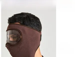 Detail of winter fleece face mask featuring built-in goggles and breathable nose holes
