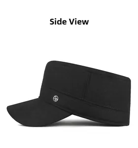Detail of black winter military cap showing silver metal SP badge and side fabric texture