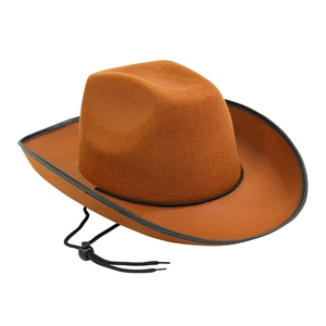Detail eines braunen Filz-Cowboyhuts mit verstellbarem schwarzem Kinnband und Krempe