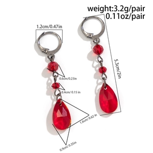 Detailed view of red teardrop crystal earrings with dimensions and lever-back clips