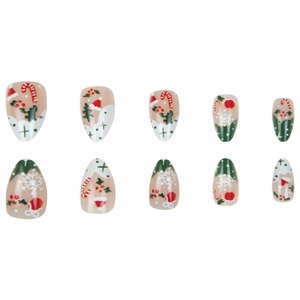 Short oval Christmas press-on nails with snowflakes, candy canes and tree patterns
