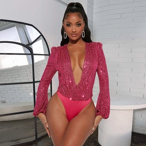 Body à sequins rose fuchsia avec décolleté plongeant en V et manches longues