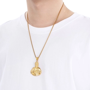 Gold Saint Jude pendant necklace for men featuring embossed relief on a steel box chain